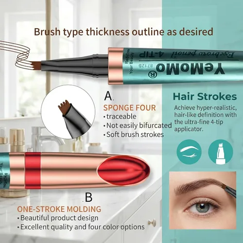 Vista 2 de Lápiz de cejas de 4 puntas, resistente al agua, de larga duración, oro rosa, 4 colores disponibles: café claro, café oscuro, gris, negro