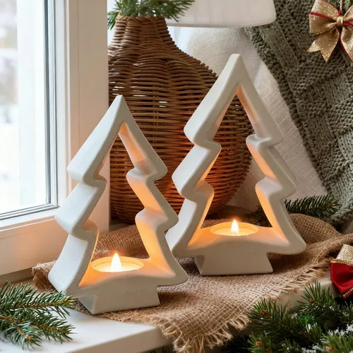 Vista 6 de AceOrbit 2 portavelas de árbol de Navidad, portavelas de madera blanca, candelabros rústicos de madera para decoración de mesa de Navidad, centro