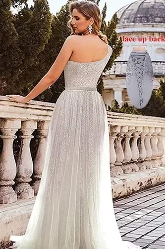 Vista 6 de Vestido de fiesta de noche con lentejuelas de un hombro para mujer, vestido de fiesta formal de tul brillante, vestido de noche de boda