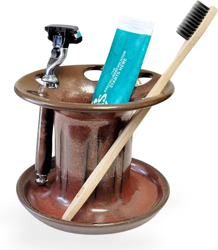 Vista 13 de Soporte para cepillos de dientes de cerámica fácil de limpiar para baños de niños y familias grandes, organizador de encimera estilo rústico (negro)