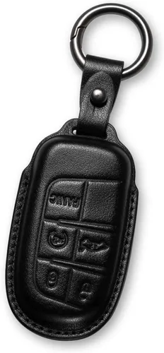 Vista 5 de Funda de cuero para llavero de coche, color marrón, compatible con Jeep 5 botones, Negro