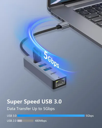 Vista 3 de Adaptador USB a Ethernet para computadora portátil, 4 en 1 USB3.0 a RJ45 Hub, 3* USB 3.0, Gigabit 10/100/1000Mbps, soporte para MacBook, Surface
