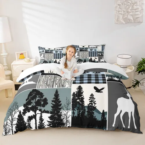 Vista 37 de Juego de funda de edredón para niños de ciervo, oso, lobo, tamaño individual, juego de ropa de cama de cabaña de aventura para niños, niñas