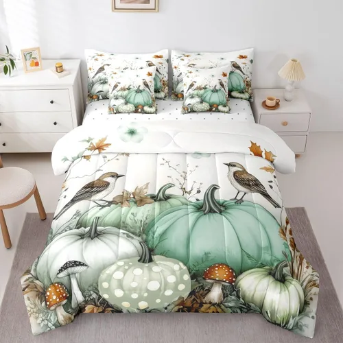 Vista 14 de Feelyou Fall Pumpkin Comforter Set with Sheets 7 Piece Twin Size Autumn Bed in a Bag Kids Boys Girls Pumpkin Maple Leaf Bedding Set Hummingbird Beig