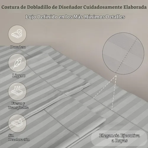 Vista 4 de Threadmill Juego de sábanas de algodón de lujo de 500 hilos tamaño King de 4 piezas, sábanas suaves y sedosas de color gris claro con bolsillo Rayas