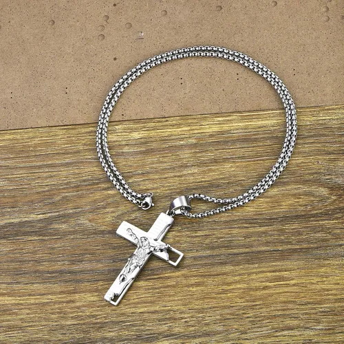 Vista 5 de YL Collar de cruz de acero inoxidable con colgante de crucifijo para hombre cadena Rolo de Jesucristo joyería de oración del Señor