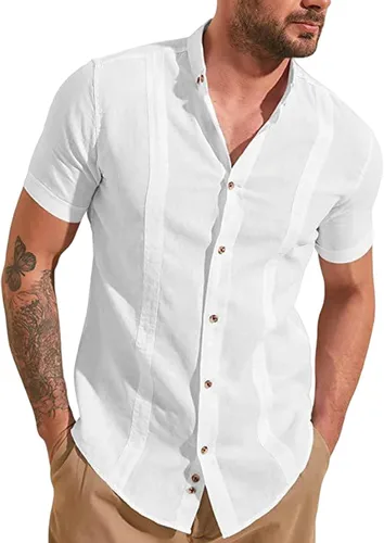Vista 7 de Camisas de manga corta para hombre, camisas casuales a rayas, camisa de guayabera cubana con botones, camisas de verano para la playa y la boda