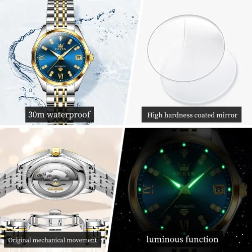 Vista 5 de OLEVS - Reloj automático de lujo para mujer con diamantes, fecha, clásico, de cuerda automática, relojes de pulsera luminosos e impermeables