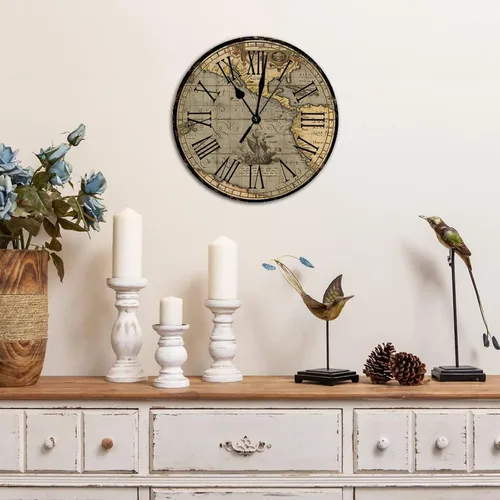 Vista 3 de Reloj de pared redondo de madera de estilo rústico, mapa del mundo retro, números romanos, reloj de madera, funciona con pilas, silencioso, sin