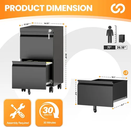 Vista 3 de Gabinete archivador de 2 cajones, gabinetes archivadores móviles totalmente montados con cerradura, gabinete archivador de metal rodante con ruedas