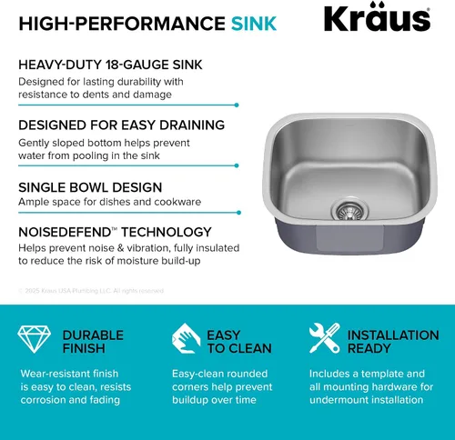 Vista 11 de Kraus KBU11 - Fregadero de cocina de acero inoxidable de 19 3/4 pulgadas, fregadero de cocina duradero de calibre 18 de un solo tazón