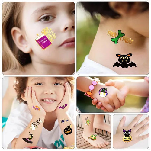 Vista 5 de Tatuajes temporales de Halloween para niños, calabaza, fantasma, bruja, regalos de fiesta de Halloween para niños o niñas, 126 piezas de tatuajes
