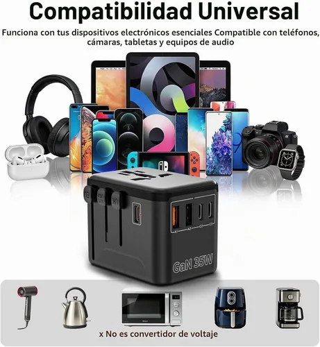 Vista 8 de CC Store Adaptador de viaje universal con 3 puertos USB-C y 2 USB-A 35W Negro Naranja-35W