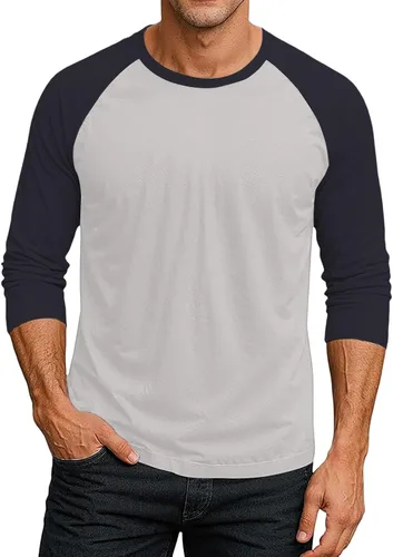 Vista 10 de Camiseta de béisbol raglán para hombre, manga larga, cuello redondo, tela ligera que absorbe la humedad para uso casual