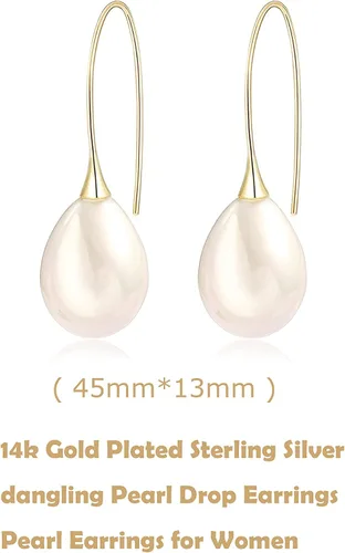 Vista 6 de Aretes colgantes de plata de ley 925 con perlas de lágrima blanca grande para mujer, ligeros, simples y dorados, delicados colgantes de perlas
