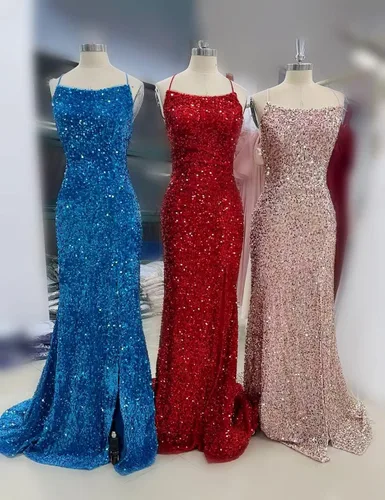 Vista 2 de DFDG Vestidos de fiesta de lentejuelas con tirantes delgados sexy para jóvenes con abertura, sirena sin espalda, vestidos formales, color azul, 10