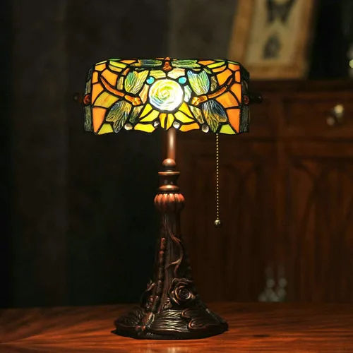 Vista 2 de Tiffany - Lámpara de mesa con vitrales para sala de estar, lámpara de piano con libélula lateral, pequeña de 15.5 pulgadas de alto, lámpara