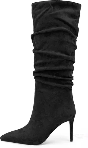 Vista 20 de Zamikoo Botas holgadas de tacón alto para mujer, botas de tacón de aguja altas hasta la rodilla, puntera puntiaguda, elásticas, botas altas de meter