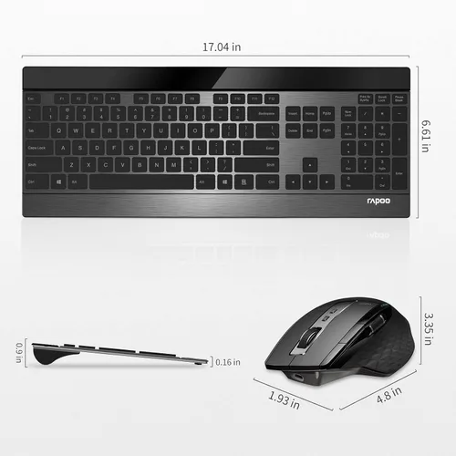 Vista 8 de RAPOO Combo de teclado inalámbrico y mouse láser, multidispositivo (Bluetooth 4.0+3.0+2.4G), teclado de computadora ultra delgado, diseño compacto