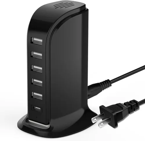 Vista 9 de Estación de carga USB para múltiples dispositivos, torre de carga multipuerto, puerto USB-C compatible con carga rápida PD compatible con iPhone