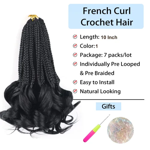 Vista 2 de Cabello para Trenzas Rizo Francés Color 1 Trenzas de Ganchillo Rizo Francés 10 Pulgadas Trenzas de Caja Cabello de Ganchillo para Mujeres y Niños