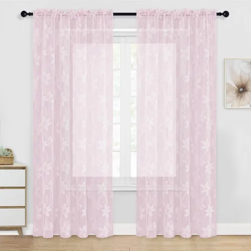 Vista 57 de DWCN Paquete de 2 cortinas traslúcidas pequeñas de encaje floral beige para cocina, cortinas traslúcidas ligeras con bolsillo para barra, cortinas