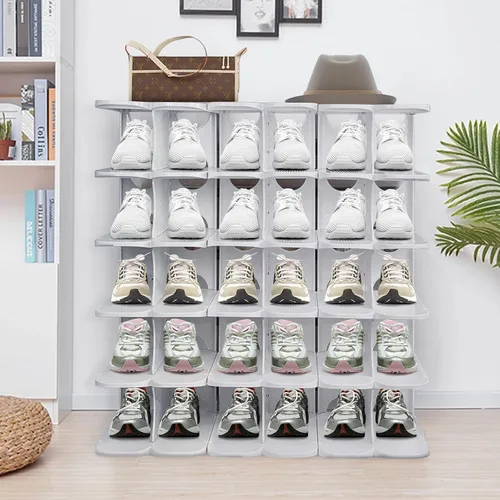 Vista 8 de Zapatero grueso de 6 niveles, organizador de zapatos de combinación gratuita para armario, torre de zapatos independiente, estante ajustable Gris