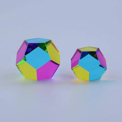 Vista 6 de CMY Cubes The Mundus (1.969 in) - Poliedro cian, magenta y amarillo - Dodecaedro de mezcla de colores sustractivo - enseña la mezcla