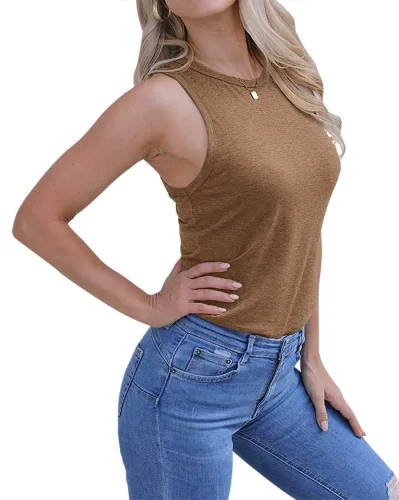 Vista 2 de Langwyqu Camisetas sin mangas con cuello redondo para mujer, estilo casual, holgadas, para verano