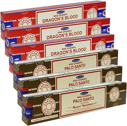 Vista 3 de Varillas de incienso de Sangre de Dragón y Palo Santo con soporte, paquete de variedad de la marca House of Nag Champa y Trumiri