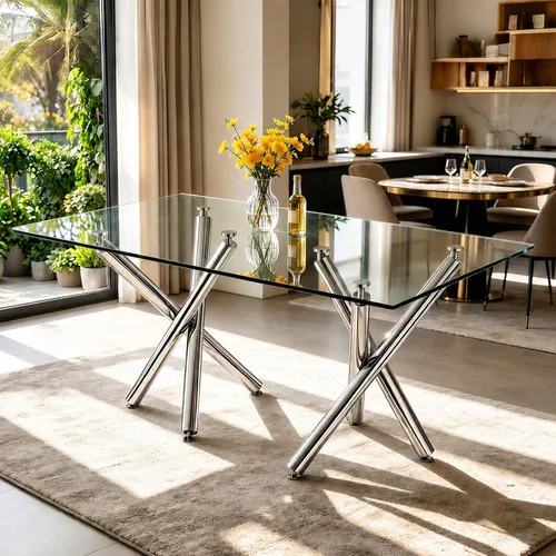 Vista 10 de Ebullient - Mesa de comedor de cristal de 71 pulgadas, moderna mesa rectangular de cocina para 8, mesa de vidrio transparente y patas de metal