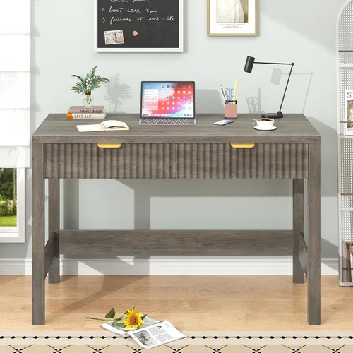 Vista 10 de YOMILUVE Escritorio estriado para computadora con 2 cajones, escritorio pequeño de computadora de 39 pulgadas con almacenamiento, escritorio Blanco