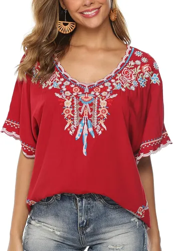 Vista 3 de Camisetas bordadas mexicanas para mujer, de manga corta, estilo bohemio, blusas campesinas, ajuste holgado, ropa hippie
