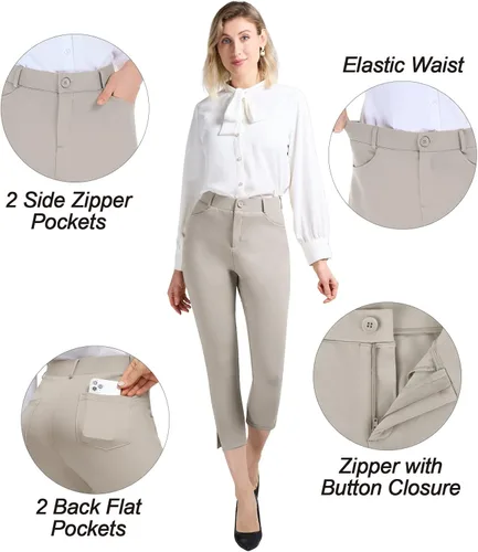 Vista 3 de PUWEER Capri Pants for Women Dressy Business Casual Stretchy Slim Straight Womens Dress Pants with Pockets