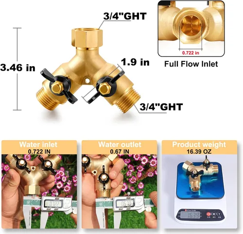 Vista 2 de Divisor de manguera de jardín, divisor de flujo completo, conector sin flujo restringido, manguera de latón resistente, adaptador de babero