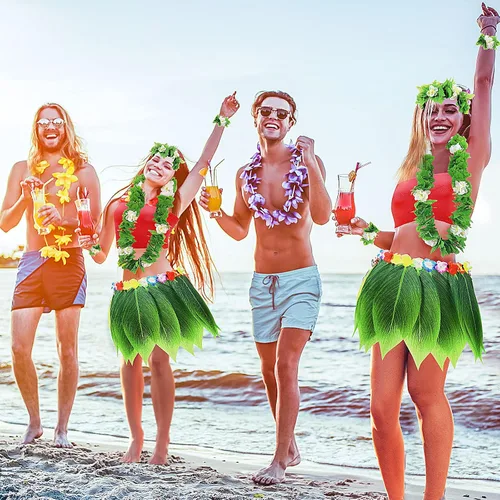 Vista 8 de Yahenda Disfraz hawaiano de 6 piezas para mujer, falda hula de hoja con top corto, collar de flores y trajes de Leis para fiesta de verano Luau