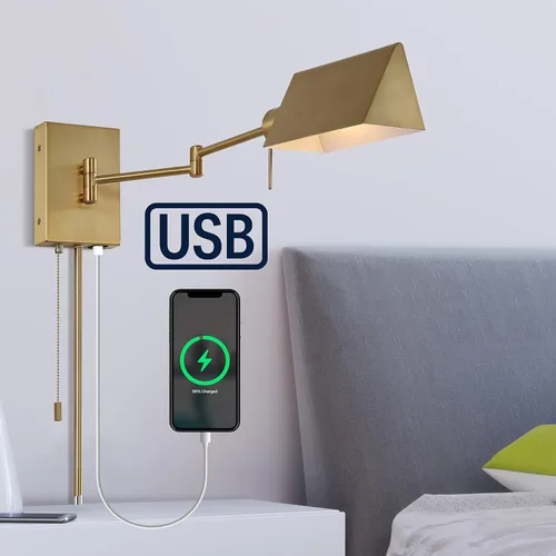 Vista 2 de JONATHAN Y Aplique de pared con brazo oscilante dorado de latón de 22 pulgadas, enchufable o cableado con puerto de carga USB y cadena de tracción