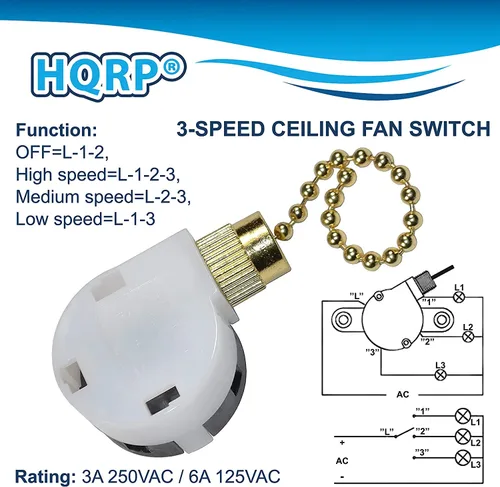 Vista 6 de HQRP Interruptor de control de 4 cables de 3 velocidades compatible con ventilador de techo Westinghouse, función L-1-2-3, L-2-3, L-1-3, L-1-2 +