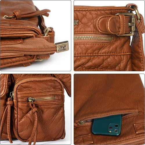 Vista 5 de Montana West Bolso cruzado para mujer, de piel lavada suave, con múltiples bolsillos