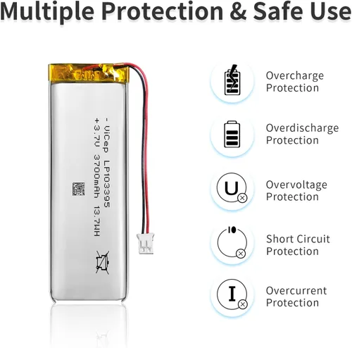 Vista 4 de Batería de polímero de litio de 3.7 V 3700 mAh 103395 recargable con cables y conector JST-PHR-02 de 2 pines para altavoz Bluetooth y dispositivo