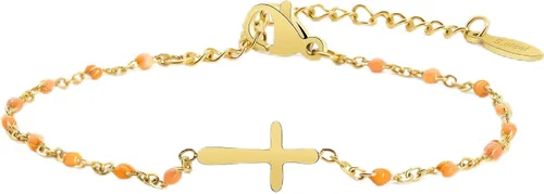 Vista 8 de Pulsera de Cuentas con Cruz Chapada en Oro de 14K para Mujeres, Pulsera de Acero Inoxidable Ajustable con Cruz de Fe Religiosa, Pulsera de Cadena
