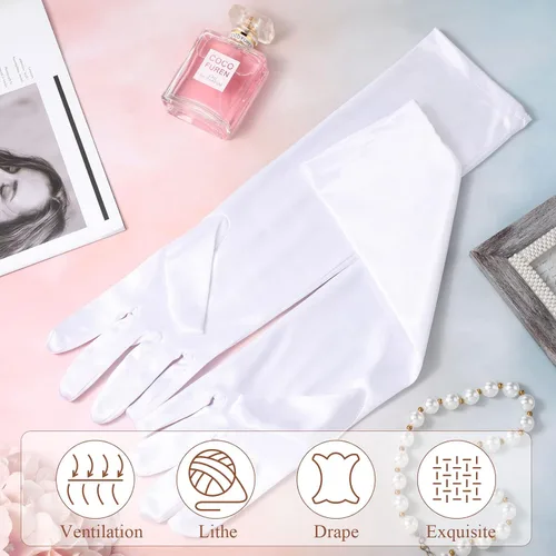 Vista 6 de Guantes blancos largos de los años 20 para mujer, guantes de noche de ópera, guantes de satén, guantes de novia para mujeres, bodas