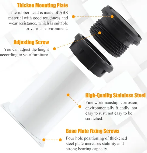 Vista 3 de Paquete de 4 patas ajustables blancas para muebles, patas redondas ajustables de acero inoxidable de 2 pulgadas/1.969 in para muebles, sofá, mesa