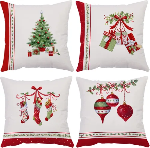 Vista 24 de Juego de 4 fundas de almohada de Navidad de 12 x 12 pulgadas, fundas de almohada de terciopelo de Navidad, fundas de almohada doradas y rojas