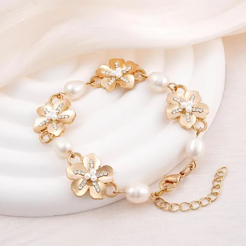 Vista 3 de Rosedate Pulsera de perlas para mujer, pulsera de perlas naturales, pulsera ajustable de oro, pulsera de flores doradas, pulsera de cadena delicada