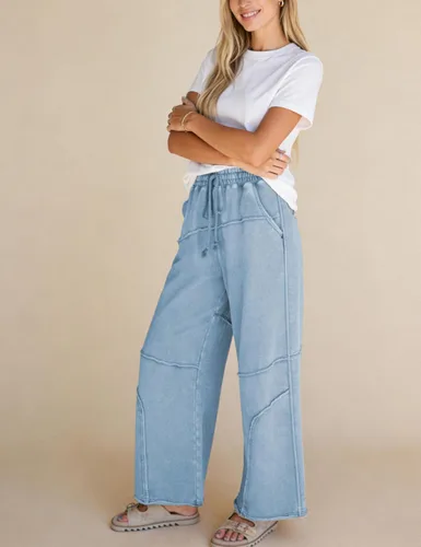 Vista 2 de Athlisan Pantalones deportivos casuales de pierna ancha para mujer, cintura alta, lavado ácido, pantalones palazzo con bolsillos