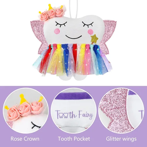 Vista 4 de free-space Almohada de hadas de dientes con bolsillo para niñas, alas brillantes, bolsa de hadas, regalo de recuerdo para niña (colorido)