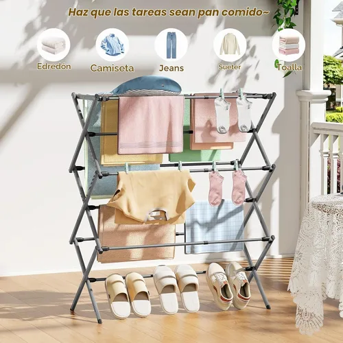 Vista 7 de KINGBOARD Tendedero de secado de ropa plegable con 11 postes, estante de secado de lavandería de 3 niveles, estante de secado de ropa pequeño