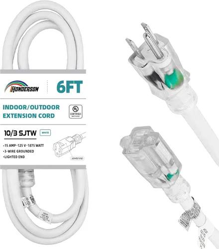 Vista 27 de Cable de extensión resistente a la intemperie con extremo iluminado, certificado UL, calibre 10, 3 pies, color blanco, 3 clavijas, resistente, cable