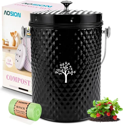 Vista 11 de AOSION Contenedor de compostaje para encimera de cocina, contenedor de compostaje interior resistente al olor con tapa y 50 bolsas de compost, Azul